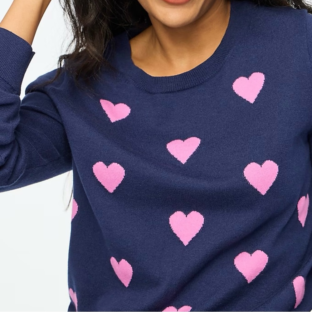 J Crew- Heart Patterned Navy and Pink Sweater, Size Medium - Picture 1 of 13